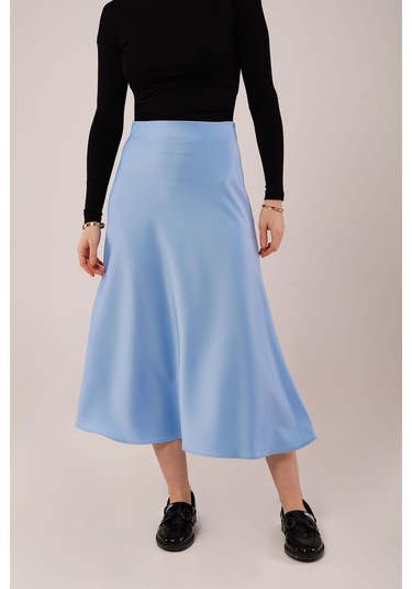 Çan Kesim Midi Mavi Saten Etek Mavi