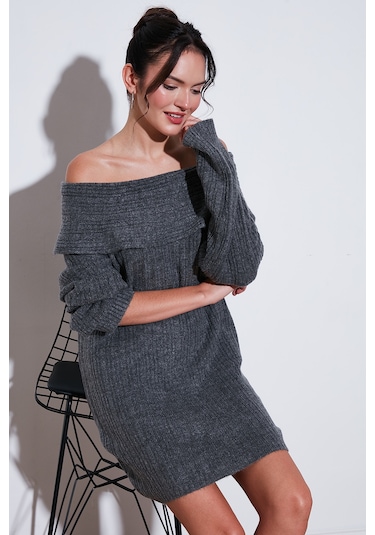 Lela Oversize Fit Kayık Yaka Uzun Kollu Mini Triko Bayan Elbise 4615218 Antrasit