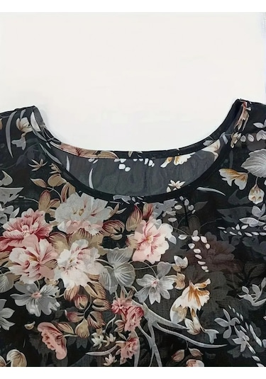 Modasize Kadın Kısa Kollu Yuvarlak Yaka Çiçek Baskılı Asimetrik Kesim Şifon Bluz Siyah