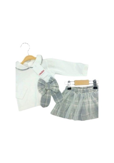 Kız Bebek Bebe Yaka Sweat Tüllü Etekli Takım-13553 Gri