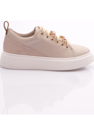 Dgn Es863 Kadin Kalin Renkli Kristal Taşli Sneakers Ayakkabi ES863-2007-R0152 Bej