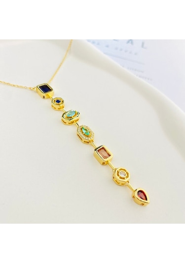Renkli Taşlı Kolye Yedi Element Renkli Taşlı Y Kolye Çelik Gold Altın