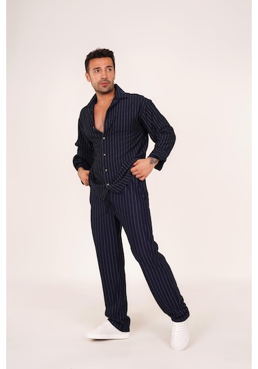 Alaçatı Stili Erkek Krep Kumaş Çizgili Gömlek Ve Pantolon Takım Lacivert