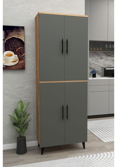 Meta 6 Raflı 4 Kapaklı Çok Amaçlı Xl Dolap Mutfak Banyo Balkon Erzak Killer Dolabı Çam-antrasit