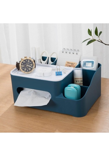 Navy-l-çok Fonksiyonlu Doku Kutusu Kapağı Uzaktan Kumanda Tutucu İle Kırtasiye Durumda Ev Banyo Yatak Odası Masaüstü Kozmetik Organizatör