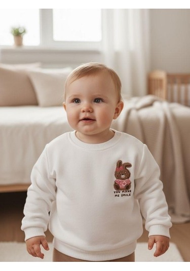 Zekids Kız Bebek Pamuklu Punch Tavşan Nakışlı Sweatshirt-16336 Beyaz