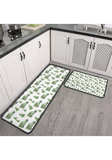 Noel Desenli 2'li Mutfak Matı, Anti-yorgunluk, Yastıklı Ve Kaymaz, Mutfak Ve Ofis İçin Noel Yeşil Kamyon
