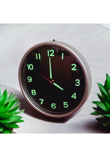 Fosforlu 3d Kabartma Rakam Duvar Saati Siyah Gümüş Renk Çap 28 Cm Gümüş