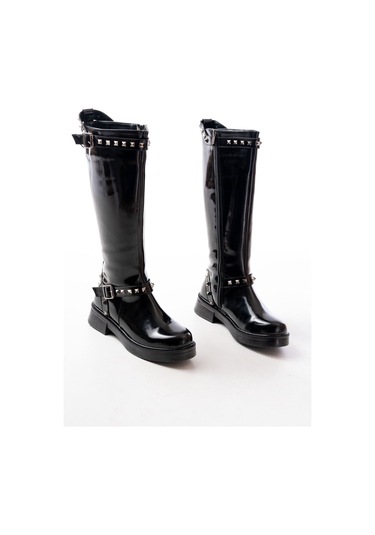 02-307 Siyah Rugan Düz Topuklu Günlük Bayan Binici Çizme Siyah