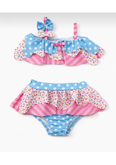 Nurbebe Dondurma Desenli Kız Çocuk Bikini Takımı Pembe