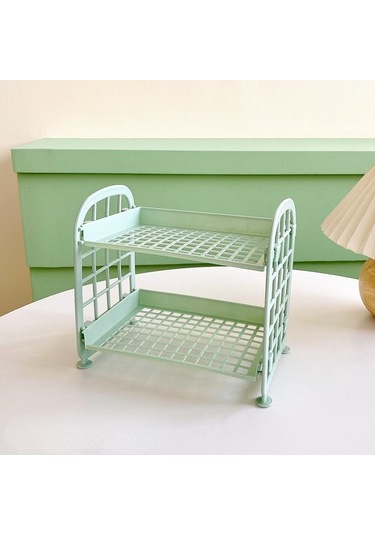 Yeşil Kawaii Çift Katmanlı Depolama Rafı Masaüstü Katlanır Makyaj Kutusu Raf Raf Kozmetik Depolama Bitirme Yurdu Banyo Yeşil