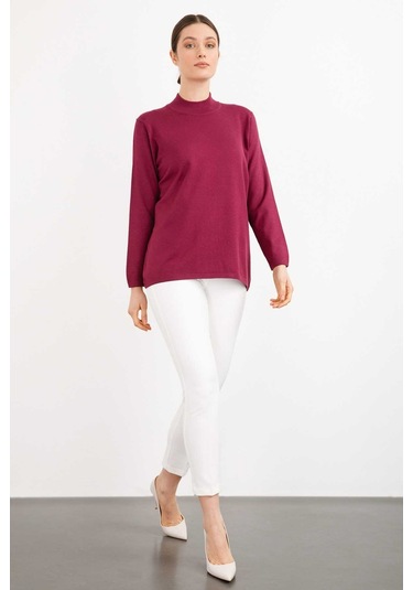 Desen Triko Kadın Likralı Uzun Kol Basic Yarım Balıkçı Bluz 0240016 Mürdüm Mürdüm