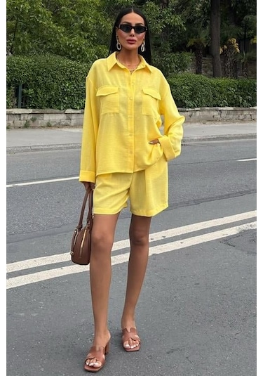 Gömlek Ve Şort Flamlı Keten Takım 10130 Altın