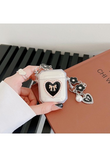 Apple Airpods 3. Nesil İle Uyumlu Kılıf Kalp Leopar Taş Kiraz Desenli Fiyok Tutmalı Kılıflar Siyah+gümüş