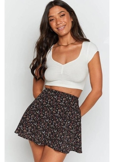 Fastbuy Mavi Çiçekli Fermuarlı Şifon Etek - Kısa Halterli Kadın Etek Mavi