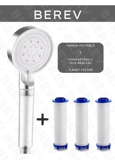 Berev Filtreli 5 Fonksiyonlu Krom Yüksek Basınçlı Ayarlanabilir Duş Başlığı 3 Adet Duş Başlığı Filtresi Krom
