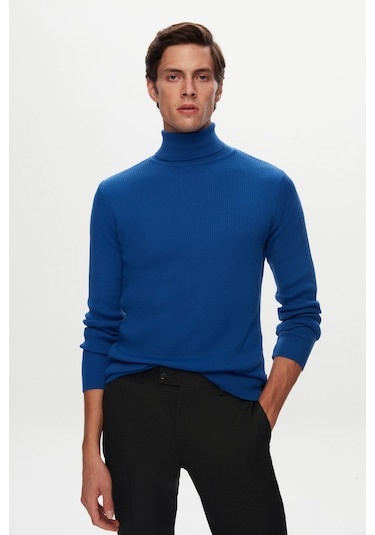 Twn Slim Fit Saks Mavi Rib Örgü Kazak 5ec0606317641 750