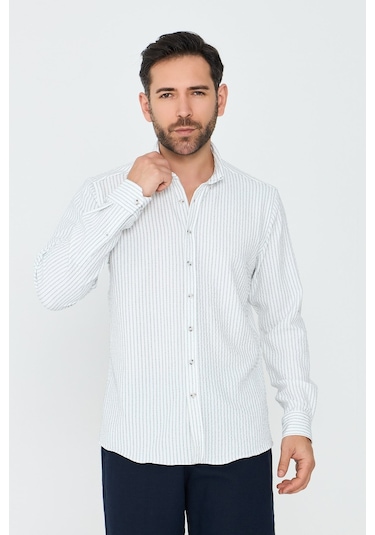 White Stone Beyaz Çizgili Dynamic Fit Erkek Uzun Kollu Gömlek