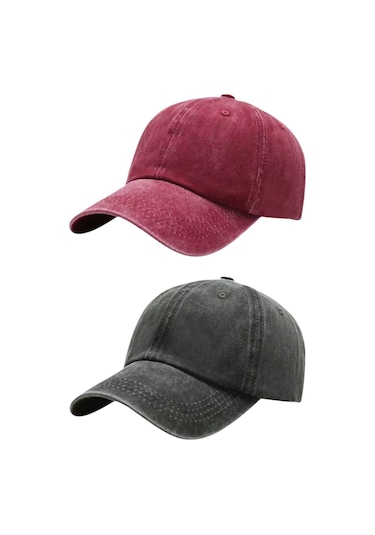 Tezzgelsin Unisex Eskitme Vintage %100 Pamuklu Ayarlanabilir Beyzbol Kep Şapka 2'li Set Kırmızı - Haki