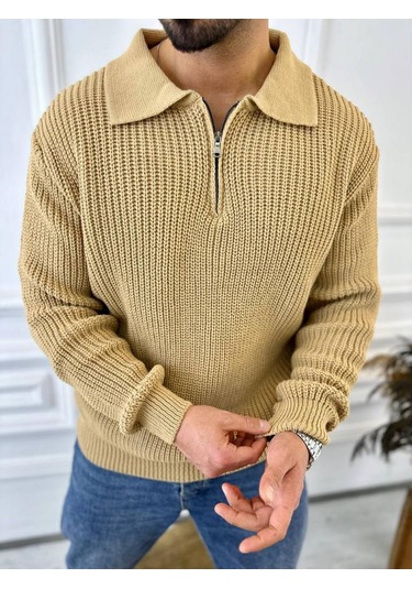 Kazak Oversize Tüylenmez Naturel Pamuk Fermuarlı Polo Yaka Örme Triko Kazak Kahverengi