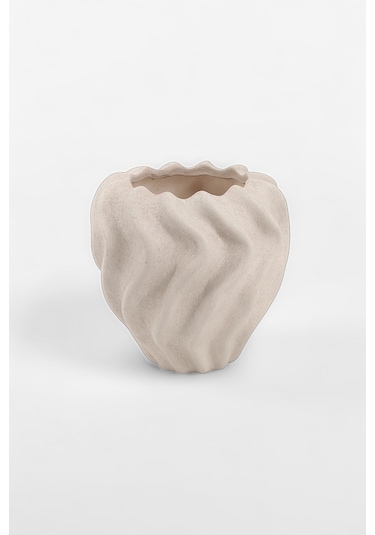 Pluvia Dalgalı Bej Seramik Vazo 15x15 Cm Bej
