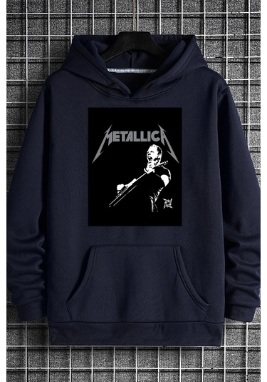 Unisex Metalica Baskılı Oversize Sweatshirt Lacivert