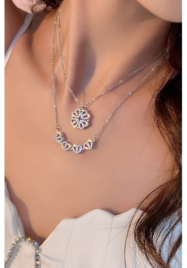 Yonca Ve Kalpli Kadın Çelik Kolye 2 Farklı Kullanım Şekli Eck46 001