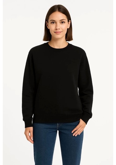 Kadın Üç İplik Düz Bisiklet Yaka Sweatshirt - Siyah Siyah