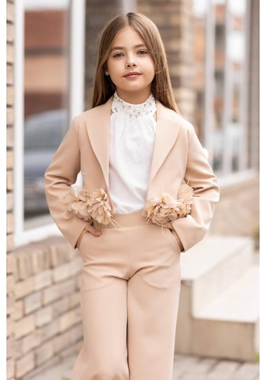 Riccotarz Kız Çocuk Çiçek Broş Detaylı Blazer Ceket Halter Yaka Taş Detaylı Bluz Krem Alt Üst Takım Krem