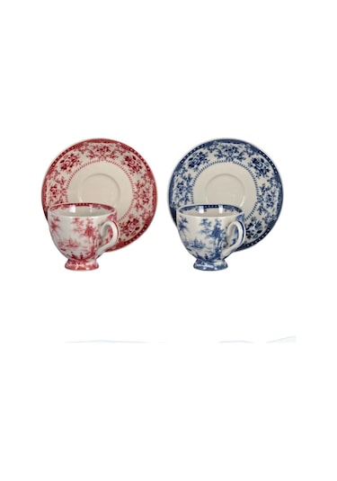 Lucky Art Florantine 6li Ayakli Kahve Fincani Seti Kırmızımavi 100 Cc Çok Renkli