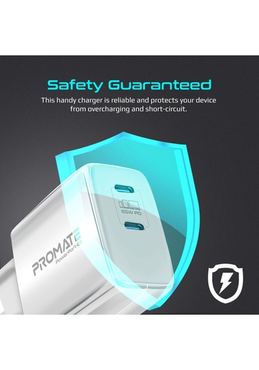 Promate PowerPort-65 GaNFast 65W Type-C PD Şarj Cihazı Beyaz