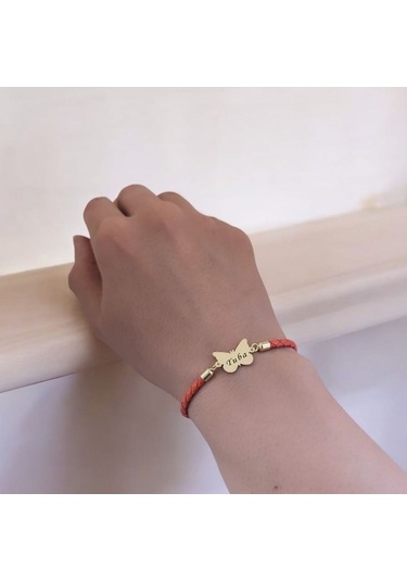 Tuba İsmine Özel 14 Ayar Altın Plakalı Turuncu Derili Kelebek Motifli Hediye Bileklik-502isim Tuba