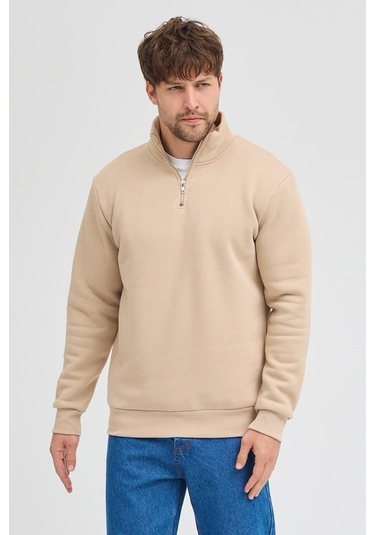 Unisex Regular Fit Rahat Kesim Pamuklu Içi Polarlı Yarım Fermuarlı Bej Dik Yaka Sweatshirt Bej