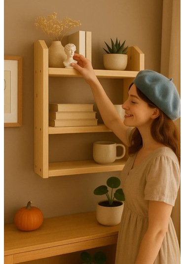 3 Katlı Ahşap Duvar Rafı 50x50x9 Cm Krem