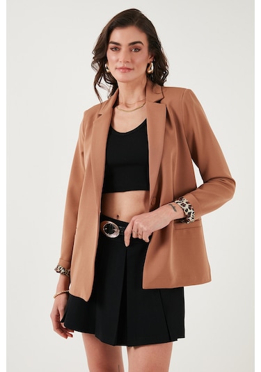 Lela Standart Fit Mono Yaka Desenli Astar Detaylı Blazer Bayan Ceket 6524003 Camel