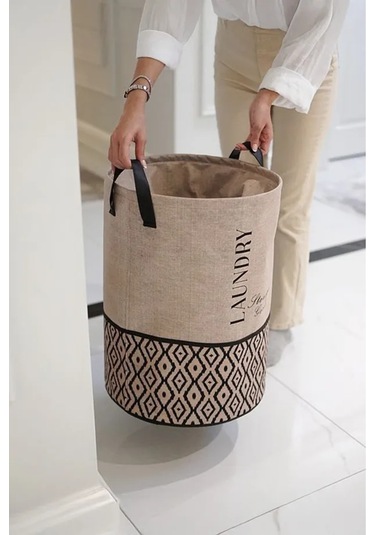 Bohe Bej Kumaş Büzgülü Çamaşır Sepeti-çocuk Oyuncak Düzenleyici-çok Amaçlı Sepet 35x35x50cm Gri-beyaz