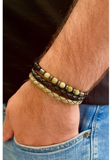 %100 Deri&hematit Kombinli 3lü Erkek Bileklik Set 21 Cm Türk El