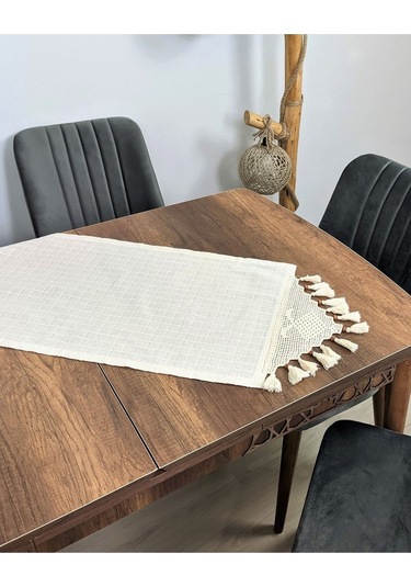 El Dantelli Püsküllü Runner Ranır Örtü Buldan Işi Monika Keten Sehpa Masa Üstü Örtüsü Şömen 45x100