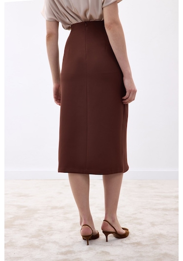Sateen Düğme Detaylı Kalem Etek - Kahve-136775 Kahve