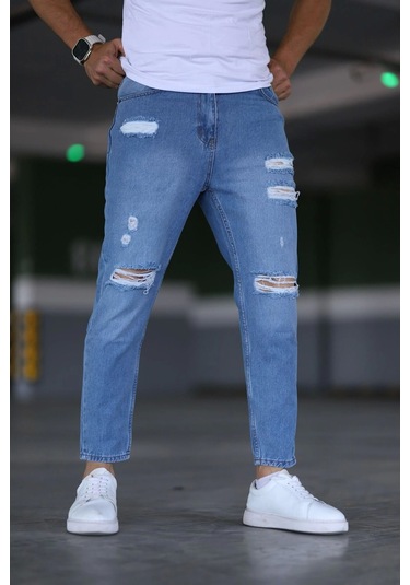 Erkek Boyfiend Yırtıklı Mavi Kot Pantolon Mavi