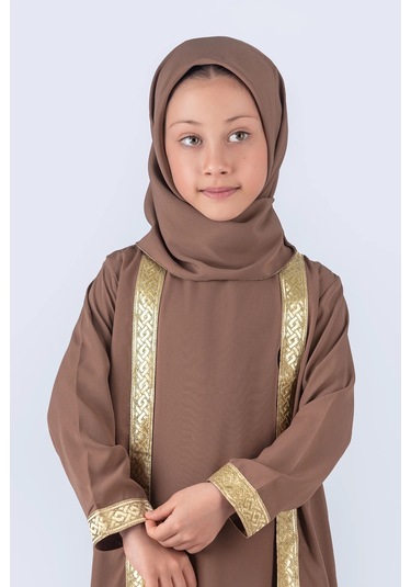 Eşarplı Ferace Medine İpek Kumaş Kız Çocuk Kahverengi