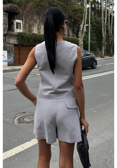 Yelek Şort Flamlı Keten Takım 10133-17 Gri