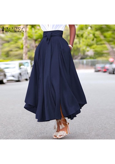 Zanzea Bayan Yaz Yüksek Bel A Hattı Yırtmaçlı Etek Cepli Kahverengi