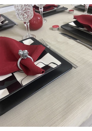 Keten Görünümlü Begonvil Masa Örtüsü Kapuçino 27 Parça Set