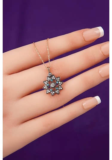 Firuze Ve Zirkon Taşlı Kalem Rodajlı Çiçek 925 Ayar Gümüş Bayan Kolye - 50 CM