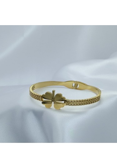 Yeni Sezon Vip Özel Seri Paslanmaz Çelik Altın Kaplama Yonca'lı Kelepçe Kadın Bileklik Gold