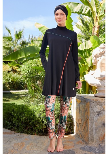 Likralı Tam Kapalı Tesettür Mayo Taytı Desenli 3126 Siyah Siyah02 Siyah