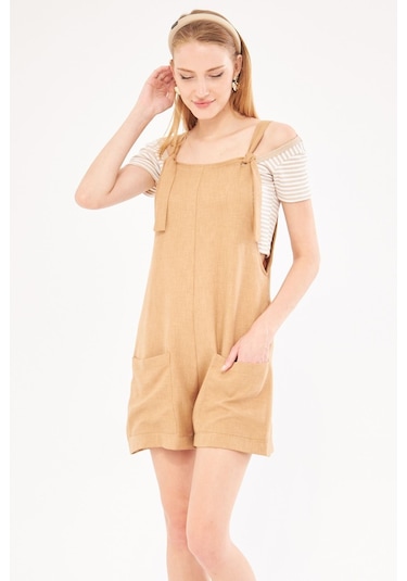 Armonika Kadın Camel Askıları Bağlama Detaylı Cepli Mini Tulum Arm-24y001077