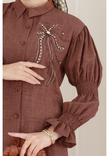 Önü Taşlı Kolu Lastikli İkili Takım-kahverengi-5097 Kahverengi