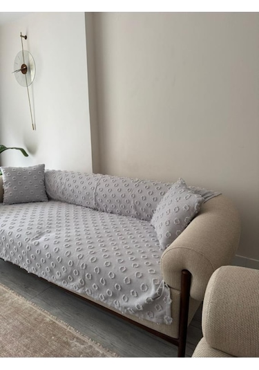 Konik Kırlent Kılıfı Hediyeli 170x210 Cm Pamuklu Koltuk Örtüsü Gri Gri